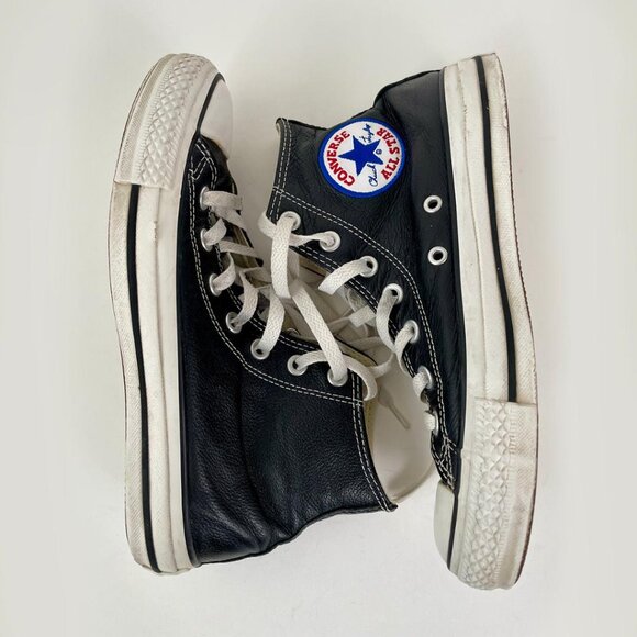 Black Leather Converse Chuck Taylor All Star High Tops, Size W7.5/M5.5 - Picture 1 of 8